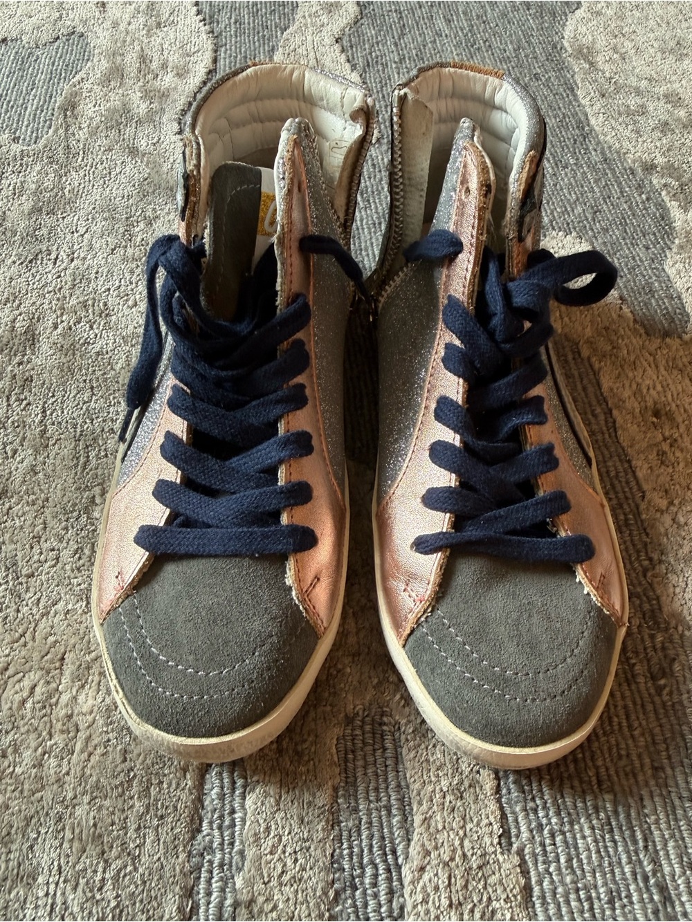 Golden Goose Kids High-Top Sneakers in Gray and Rose Gold with Navy Laces